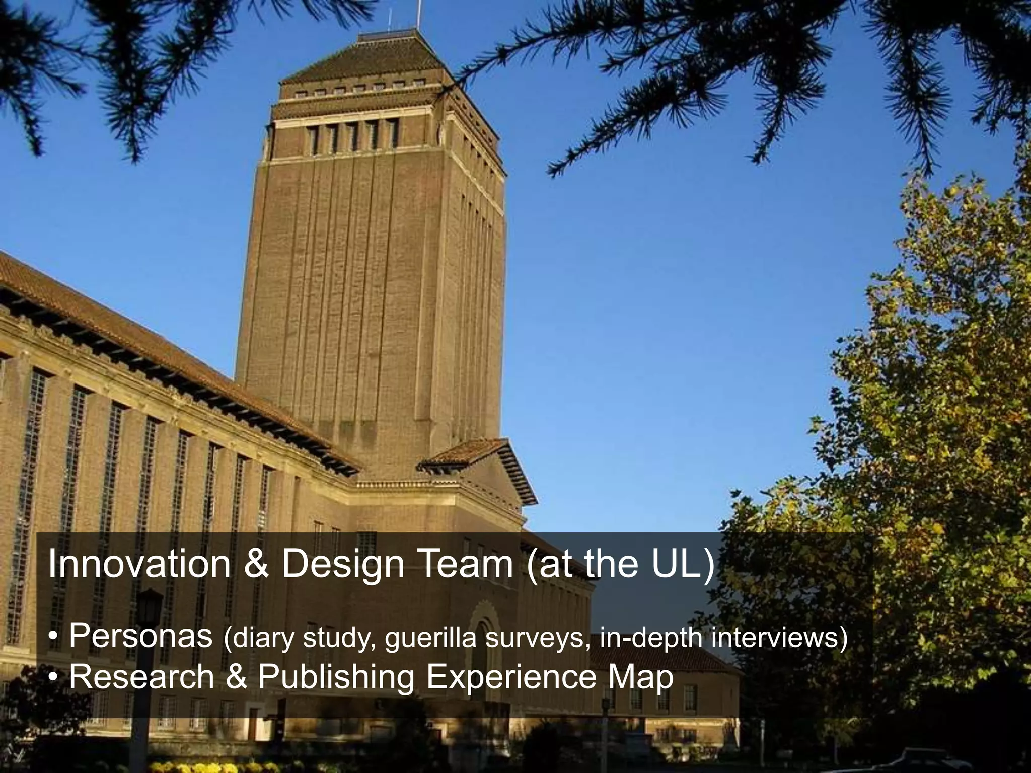 Innovation & Design Team (at the UL)
• Personas (diary study, guerilla surveys, in-depth interviews)
• Research & Publishing Experience Map
 