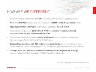 SLIDE4
Creating Climate For Change
• Vikram Solar has hit the mark of 1 GW in the annual PV production capacity in 2017
• More than 940 MW* of solar EPC experience and 400 MW+ of O&M experience in India
• Top player in DNV GL PQP 2017 and modules audited by Black & Veatch
• Vikram Solar modules are BIS Certified, PID free, ammonia resistant, salt mist
corrosion resistant, and sand dust test certified
• Our manufacturing facility has the finest machinery which has been imported from
Germany, Japan, Switzerland, and the United States
• Sustainable production, high ROI, and a proven consistency of our products have made
us the preferred choice amongst global EPC enterprises, project developers, and investors
• Quality Circles (QC) and use of the latest software tools for engineering & design,
such as PVSyst, SUNDAT, AutoCAD, PVCAD, STAAD Pro, Sketch Up
HOW ARE WE DIFFERENT
*Includes Ongoing (Ground-mounted+Rooftop)
 