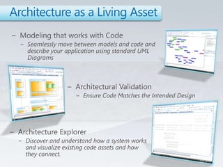 Architecture as a Living Asset Modeling that works with CodeSeamlessly move between models and code and describe your application using standard UML Diagrams Architectural ValidationEnsure Code Matches the Intended DesignArchitecture ExplorerDiscover and understand how a system works and visualize existing code assets and how they connect.