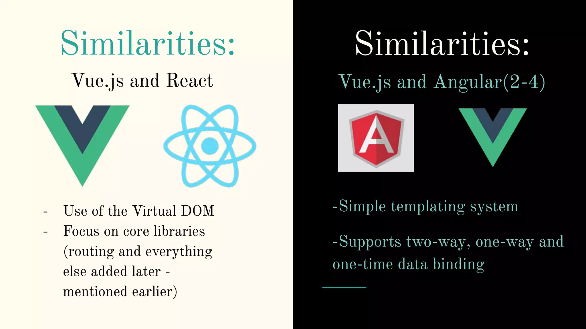 Similarities:
- Use of the Virtual DOM
- Focus on core libraries
(routing and everything
else added later -
mentioned earlier)
Vue.js and React
Similarities:
Vue.js and Angular(2-4)
-Simple templating system
-Supports two-way, one-way and
one-time data binding
 