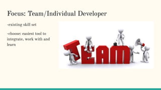 Focus: Team/Individual Developer
-existing skill set
-choose: easiest tool to
integrate, work with and
learn
 