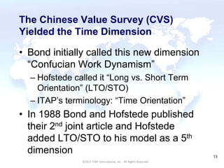 CULTURAL HARMONY: WORKING IN A MULTI-CULTURAL COMPANY 13
©2017 ITAP International, Inc. All Rights Reserved.
13
The Chinese Value Survey (CVS)
Yielded the Time Dimension
• Bond initially called this new dimension
“Confucian Work Dynamism”
– Hofstede called it “Long vs. Short Term
Orientation” (LTO/STO)
– ITAP’s terminology: “Time Orientation”
• In 1988 Bond and Hofstede published
their 2nd joint article and Hofstede
added LTO/STO to his model as a 5th
dimension
 