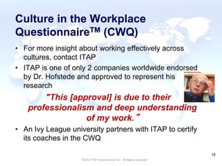 CULTURAL HARMONY: WORKING IN A MULTI-CULTURAL COMPANY 18
©2017 ITAP International, Inc. All Rights Reserved.
18
Culture in the Workplace
QuestionnaireTM (CWQ)
• For more insight about working effectively across
cultures, contact ITAP
• ITAP is one of only 2 companies worldwide endorsed
by Dr. Hofstede and approved to represent his
research
"This [approval] is due to their
professionalism and deep understanding
of my work.”
• An Ivy League university partners with ITAP to certify
its coaches in the CWQ
©2017 ITAP International, Inc. All Rights Reserved.
 