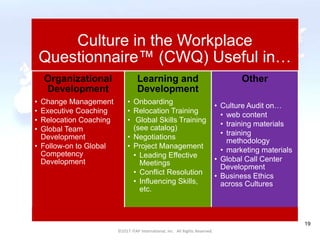 CULTURAL HARMONY: WORKING IN A MULTI-CULTURAL COMPANY 19
©2017 ITAP International, Inc. All Rights Reserved.
19
Culture in the Workplace
Questionnaire™ (CWQ) Useful in…
Organizational
Development
• Change Management
• Executive Coaching
• Relocation Coaching
• Global Team
Development
• Follow-on to Global
Competency
Development
Learning and
Development
• Onboarding
• Relocation Training
• Global Skills Training
(see catalog)
• Negotiations
• Project Management
• Leading Effective
Meetings
• Conflict Resolution
• Influencing Skills,
etc.
Other
• Culture Audit on…
• web content
• training materials
• training
methodology
• marketing materials
• Global Call Center
Development
• Business Ethics
across Cultures
©2017 ITAP International, Inc. All Rights Reserved.
 