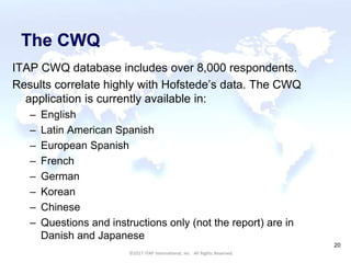 CULTURAL HARMONY: WORKING IN A MULTI-CULTURAL COMPANY 20
©2017 ITAP International, Inc. All Rights Reserved.
20
The CWQ
ITAP CWQ database includes over 8,000 respondents.
Results correlate highly with Hofstede’s data. The CWQ
application is currently available in:
– English
– Latin American Spanish
– European Spanish
– French
– German
– Korean
– Chinese
– Questions and instructions only (not the report) are in
Danish and Japanese
©2017 ITAP International, Inc. All Rights Reserved.
 