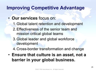 CULTURAL HARMONY: WORKING IN A MULTI-CULTURAL COMPANY 25
©2017 ITAP International, Inc. All Rights Reserved.
25
Improving Competitive Advantage
• Our services focus on:
1.Global talent retention and development
2.Effectiveness of the senior team and
mission critical global teams
3.Global leader and global workforce
development
4.Cross-border transformation and change
• Ensure that culture is an asset, not a
barrier in your global business.
©2017 ITAP International, Inc. All Rights Reserved.
 