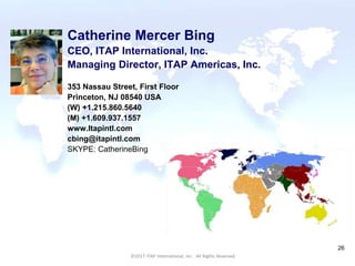 CULTURAL HARMONY: WORKING IN A MULTI-CULTURAL COMPANY 26
©2017 ITAP International, Inc. All Rights Reserved.
26
Catherine Mercer Bing
CEO, ITAP International, Inc.
Managing Director, ITAP Americas, Inc.
353 Nassau Street, First Floor
Princeton, NJ 08540 USA
(W) +1.215.860.5640
(M) +1.609.937.1557
www.Itapintl.com
cbing@itapintl.com
SKYPE: CatherineBing
©2017 ITAP International, Inc. All Rights Reserved.
 