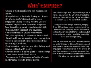 Why Empire?
•Empire is the biggest selling film magazine in
the UK.
•Also published in Australia, Turkey and Russia.
(It’s...