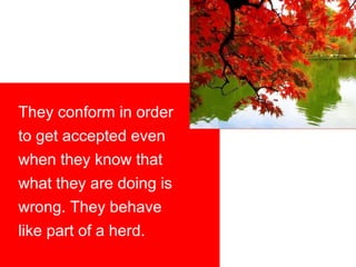 They conform in order
to get accepted even
when they know that
what they are doing is
wrong. They behave
like part of a herd.
 