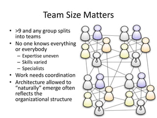 Team Size Matters
• >9 and any group splits
into teams
• No one knows everything
or everybody
– Expertise uneven
– Skills varied
– Specialists
• Work needs coordination
• Architecture allowed to
“naturally” emerge often
reflects the
organizational structure
 