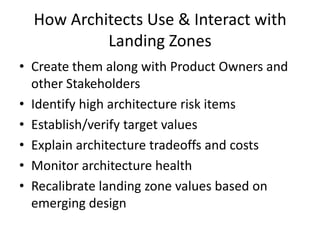 How Architects Use & Interact with
Landing Zones
• Create them along with Product Owners and
other Stakeholders
• Identify high architecture risk items
• Establish/verify target values
• Explain architecture tradeoffs and costs
• Monitor architecture health
• Recalibrate landing zone values based on
emerging design
 