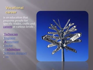 Vocational
career
is an education that
prepares people for
specific trades, crafts and
careers at various levels .
Technician
Engineer
Accountant
Doctor
 Architecture
Software designer
 etc
 