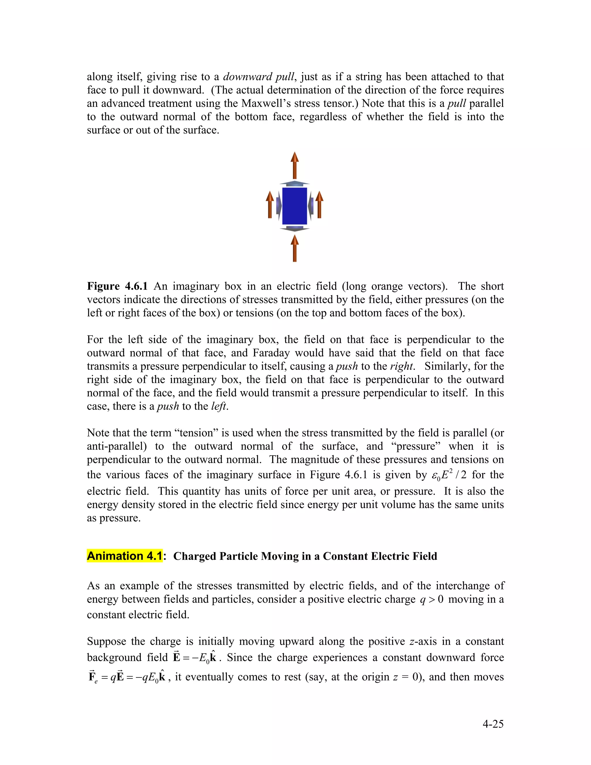 along itself, giving rise to a downward pull, just as if a string has been attached to that
face to pull it downward. (The actual determination of the direction of the force requires
an advanced treatment using the Maxwell’s stress tensor.) Note that this is a pull parallel
to the outward normal of the bottom face, regardless of whether the field is into the
surface or out of the surface.
Figure 4.6.1 An imaginary box in an electric field (long orange vectors). The short
vectors indicate the directions of stresses transmitted by the field, either pressures (on the
left or right faces of the box) or tensions (on the top and bottom faces of the box).
For the left side of the imaginary box, the field on that face is perpendicular to the
outward normal of that face, and Faraday would have said that the field on that face
transmits a pressure perpendicular to itself, causing a push to the right. Similarly, for the
right side of the imaginary box, the field on that face is perpendicular to the outward
normal of the face, and the field would transmit a pressure perpendicular to itself. In this
case, there is a push to the left.
Note that the term “tension” is used when the stress transmitted by the field is parallel (or
anti-parallel) to the outward normal of the surface, and “pressure” when it is
perpendicular to the outward normal. The magnitude of these pressures and tensions on
the various faces of the imaginary surface in Figure 4.6.1 is given by for the
electric field. This quantity has units of force per unit area, or pressure. It is also the
energy density stored in the electric field since energy per unit volume has the same units
as pressure.
2
0 / 2Eε
Animation 4.1: Charged Particle Moving in a Constant Electric Field
As an example of the stresses transmitted by electric fields, and of the interchange of
energy between fields and particles, consider a positive electric charge moving in a
constant electric field.
0q >
Suppose the charge is initially moving upward along the positive z-axis in a constant
background field . Since the charge experiences a constant downward force
, it eventually comes to rest (say, at the origin z = 0), and then moves
0
ˆE= −E
r
k
k0
ˆ
e q qE= = −F E
r r
4-25
 