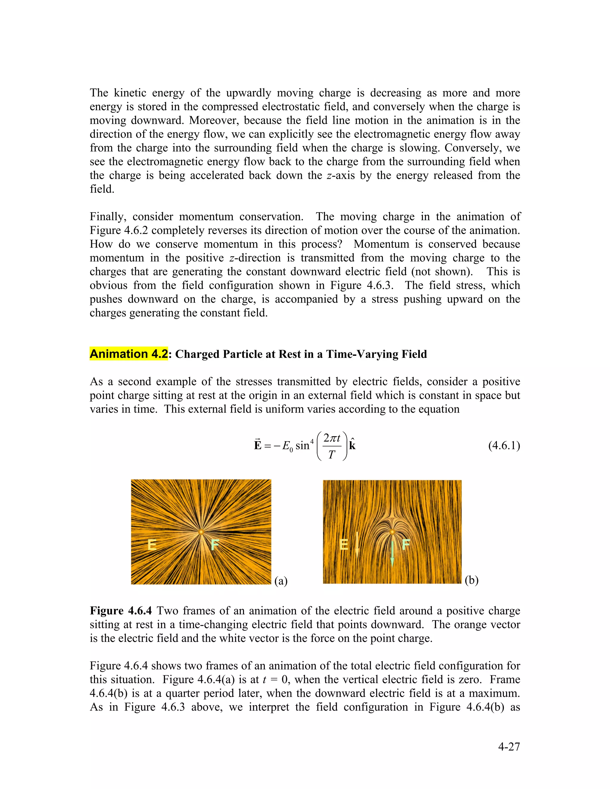 The kinetic energy of the upwardly moving charge is decreasing as more and more
energy is stored in the compressed electrostatic field, and conversely when the charge is
moving downward. Moreover, because the field line motion in the animation is in the
direction of the energy flow, we can explicitly see the electromagnetic energy flow away
from the charge into the surrounding field when the charge is slowing. Conversely, we
see the electromagnetic energy flow back to the charge from the surrounding field when
the charge is being accelerated back down the z-axis by the energy released from the
field.
Finally, consider momentum conservation. The moving charge in the animation of
Figure 4.6.2 completely reverses its direction of motion over the course of the animation.
How do we conserve momentum in this process? Momentum is conserved because
momentum in the positive z-direction is transmitted from the moving charge to the
charges that are generating the constant downward electric field (not shown). This is
obvious from the field configuration shown in Figure 4.6.3. The field stress, which
pushes downward on the charge, is accompanied by a stress pushing upward on the
charges generating the constant field.
Animation 4.2: Charged Particle at Rest in a Time-Varying Field
As a second example of the stresses transmitted by electric fields, consider a positive
point charge sitting at rest at the origin in an external field which is constant in space but
varies in time. This external field is uniform varies according to the equation
4
0
2 ˆsin
t
E
T
π⎛ ⎞
= − ⎜ ⎟
⎝ ⎠
E
r
k (4.6.1)
(a) (b)
Figure 4.6.4 Two frames of an animation of the electric field around a positive charge
sitting at rest in a time-changing electric field that points downward. The orange vector
is the electric field and the white vector is the force on the point charge.
Figure 4.6.4 shows two frames of an animation of the total electric field configuration for
this situation. Figure 4.6.4(a) is at t = 0, when the vertical electric field is zero. Frame
4.6.4(b) is at a quarter period later, when the downward electric field is at a maximum.
As in Figure 4.6.3 above, we interpret the field configuration in Figure 4.6.4(b) as
4-27
 
