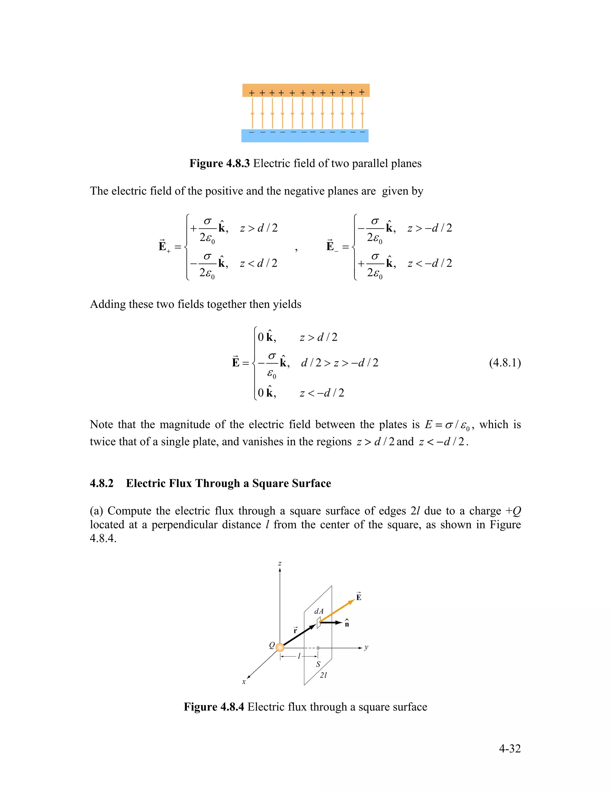 Figure 4.8.3 Electric field of two parallel planes
The electric field of the positive and the negative planes are given by
0
0 0
ˆ ˆ, / 2 ,
2 2
,
ˆ ˆ, / 2 ,
2 2
z d z d
z d z d
σ σ
ε ε
σ σ
ε ε
+ −
⎧ ⎧
+ > − > −⎪ ⎪
⎪ ⎪
= =⎨ ⎨
⎪ ⎪− < + < −
⎪ ⎪⎩ ⎩
k k
E E
k k
r r 0
/ 2
/ 2
Adding these two fields together then yields
0
ˆ0 , / 2
ˆ, / 2 /
ˆ0 , / 2
z d
d z d
z d
σ
ε
⎧ >
⎪
⎪
= − > > −⎨
⎪
⎪ < −⎩
k
E k
k
r
2 (4.8.1)
Note that the magnitude of the electric field between the plates is 0/E σ ε= , which is
twice that of a single plate, and vanishes in the regions and/ 2z d> / 2z d< − .
4.8.2 Electric Flux Through a Square Surface
(a) Compute the electric flux through a square surface of edges 2l due to a charge +Q
located at a perpendicular distance l from the center of the square, as shown in Figure
4.8.4.
Figure 4.8.4 Electric flux through a square surface
4-32
 