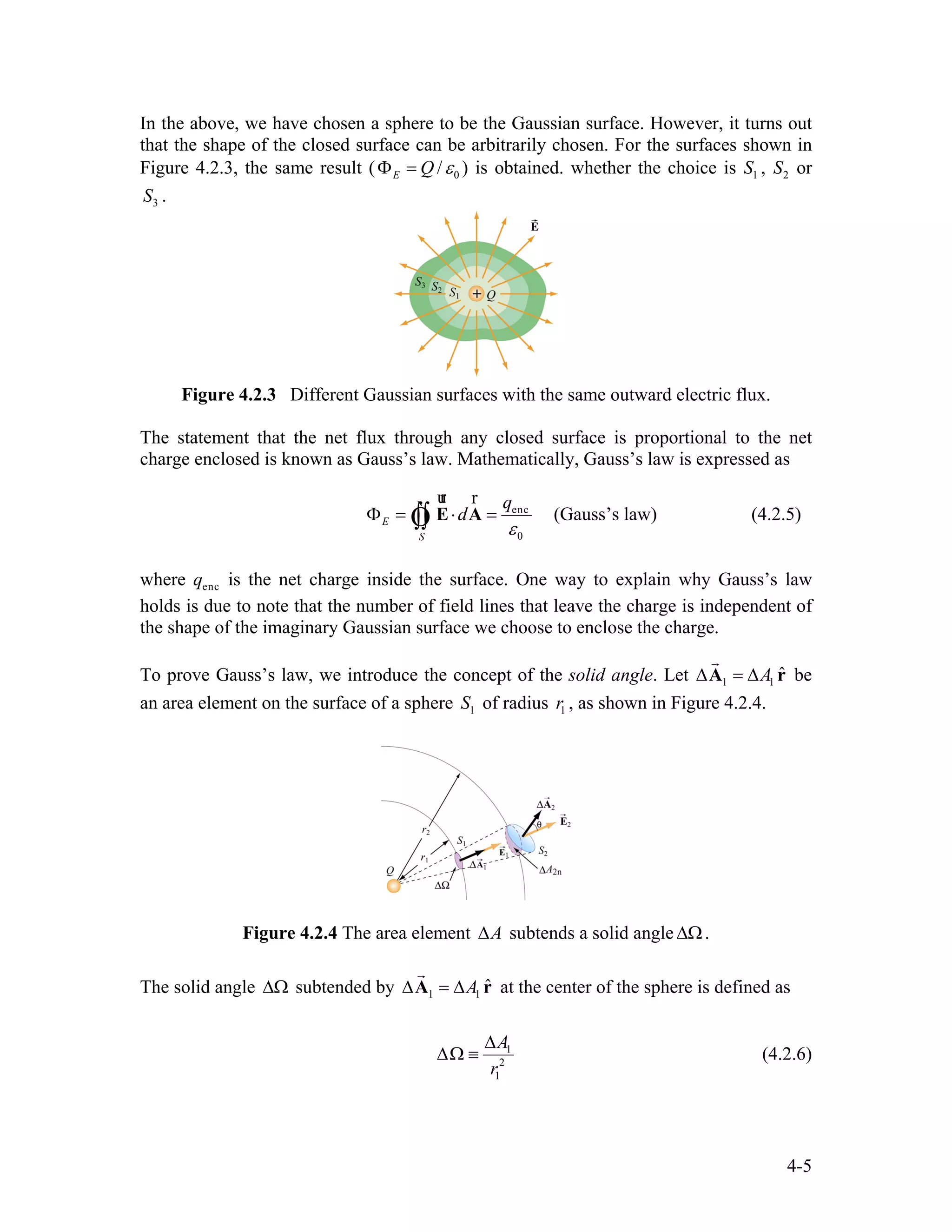 In the above, we have chosen a sphere to be the Gaussian surface. However, it turns out
that the shape of the closed surface can be arbitrarily chosen. For the surfaces shown in
Figure 4.2.3, the same result ( 0/E Q εΦ = ) is obtained. whether the choice is , or
.
1S 2S
3S
Figure 4.2.3 Different Gaussian surfaces with the same outward electric flux.
The statement that the net flux through any closed surface is proportional to the net
charge enclosed is known as Gauss’s law. Mathematically, Gauss’s law is expressed as
enc
0
E
S
q
d
ε
Φ = ⋅ =∫∫ E A
ur r
Ò (Gauss’s law) (4.2.5)
where is the net charge inside the surface. One way to explain why Gauss’s law
holds is due to note that the number of field lines that leave the charge is independent of
the shape of the imaginary Gaussian surface we choose to enclose the charge.
encq
To prove Gauss’s law, we introduce the concept of the solid angle. Let be
an area element on the surface of a sphere of radius , as shown in Figure 4.2.4.
1 1
ˆA∆ = ∆A r
r
1S 1r
Figure 4.2.4 The area element A∆ subtends a solid angle∆Ω.
The solid angle ∆Ω subtended by 1 1
ˆA∆ = ∆A r
r
at the center of the sphere is defined as
1
2
1
A
r
∆
∆Ω ≡ (4.2.6)
4-5
 