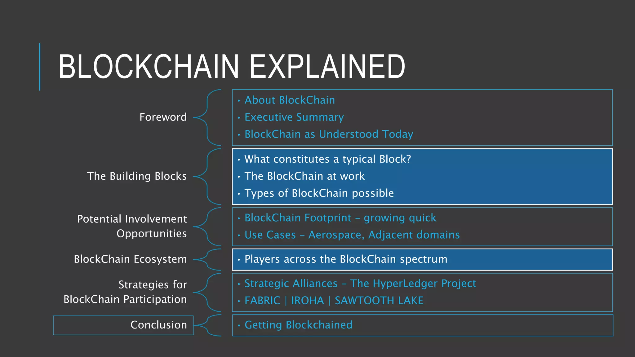 BLOCKCHAIN EXPLAINED
Foreword
• About BlockChain
• Executive Summary
• BlockChain as Understood Today
The Building Blocks
• What constitutes a typical Block?
• The BlockChain at work
• Types of BlockChain possible
Potential Involvement
Opportunities
• BlockChain Footprint – growing quick
• Use Cases – Aerospace, Adjacent domains
BlockChain Ecosystem • Players across the BlockChain spectrum
Strategies for
BlockChain Participation
• Strategic Alliances – The HyperLedger Project
• FABRIC | IROHA | SAWTOOTH LAKE
Conclusion • Getting Blockchained
 