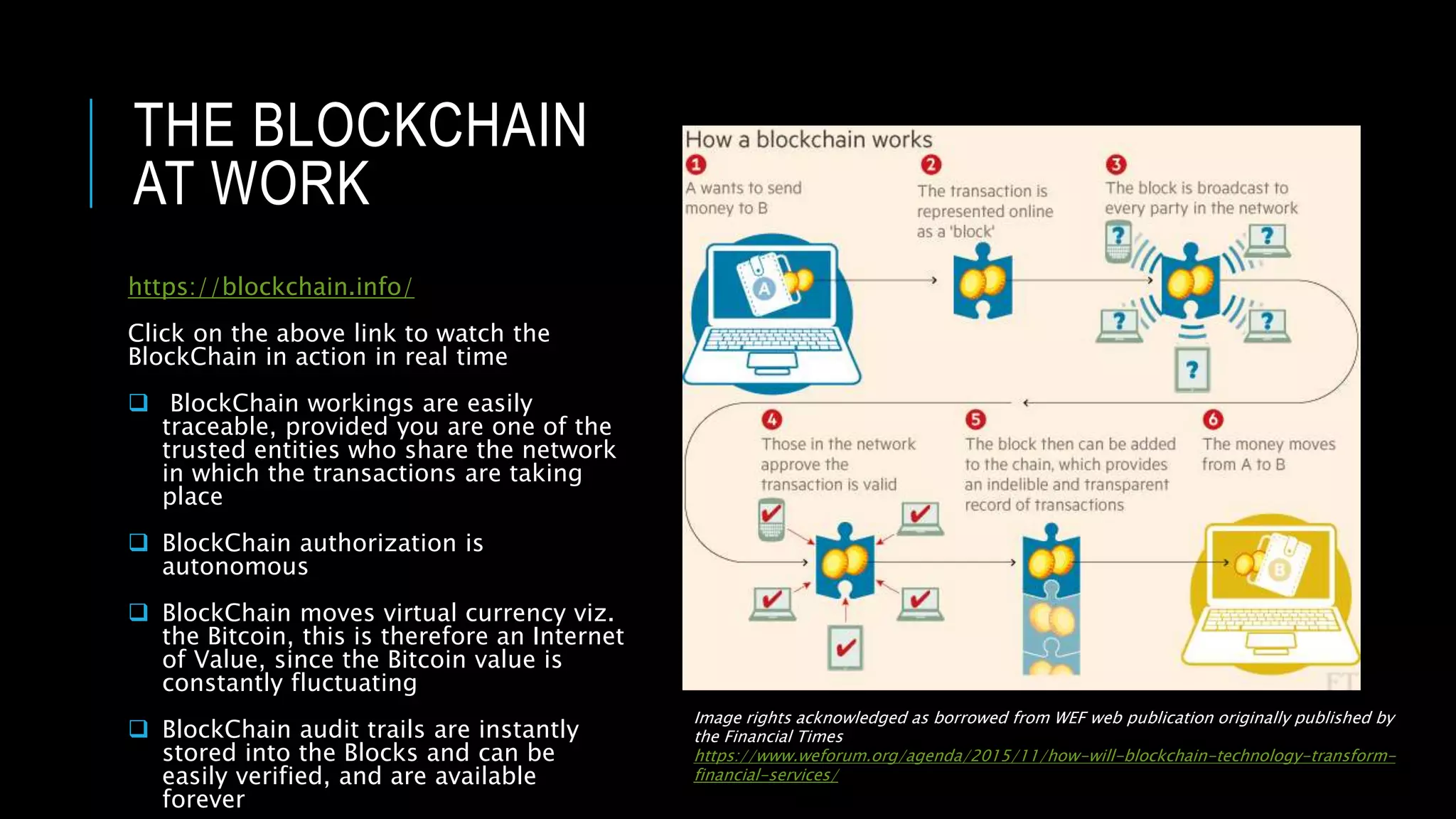 THE BLOCKCHAIN
AT WORK
https://blockchain.info/
Click on the above link to watch the
BlockChain in action in real time
 BlockChain workings are easily
traceable, provided you are one of the
trusted entities who share the network
in which the transactions are taking
place
 BlockChain authorization is
autonomous
 BlockChain moves virtual currency viz.
the Bitcoin, this is therefore an Internet
of Value, since the Bitcoin value is
constantly fluctuating
 BlockChain audit trails are instantly
stored into the Blocks and can be
easily verified, and are available
forever
Image rights acknowledged as borrowed from WEF web publication originally published by
the Financial Times
https://www.weforum.org/agenda/2015/11/how-will-blockchain-technology-transform-
financial-services/
 