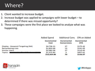 #thinkppc
Where?
1. Client wanted to increase budget.
2. Increase budget was applied to campaigns with lower budget – to
determined if there was missed opportunity?
3. These campaigns were the first place we looked to analyze what was
happening.
Added Spend Additional Conv. CPA on Added
 