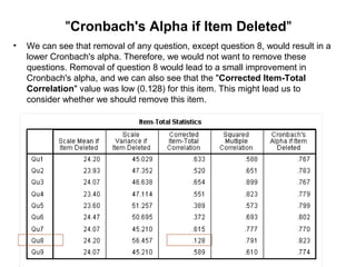 "Cronbach's Alpha if Item Deleted"
• We can see that removal of any question, except question 8, would result in a
lower Cronbach's alpha. Therefore, we would not want to remove these
questions. Removal of question 8 would lead to a small improvement in
Cronbach's alpha, and we can also see that the "Corrected Item-Total
Correlation" value was low (0.128) for this item. This might lead us to
consider whether we should remove this item.
 