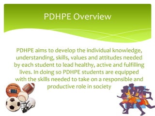 PDHPE Overview


 PDHPE aims to develop the individual knowledge,
 understanding, skills, values and attitudes needed
by each student to lead healthy, active and fulfilling
  lives. In doing so PDHPE students are equipped
with the skills needed to take on a responsible and
               productive role in society
 