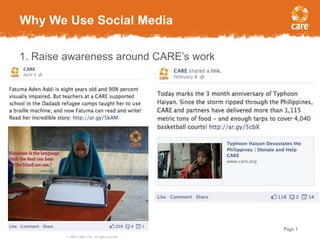 © 2005, CARE USA. All rights reserved.
Page 1
1. Raise awareness around CARE’s work
Why We Use Social Media
 
