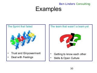 30
Ben Linders Consulting
Examples
The Sprint that failed
• Trust and Empowerment
• Deal with Feelings
The team that wasn’...