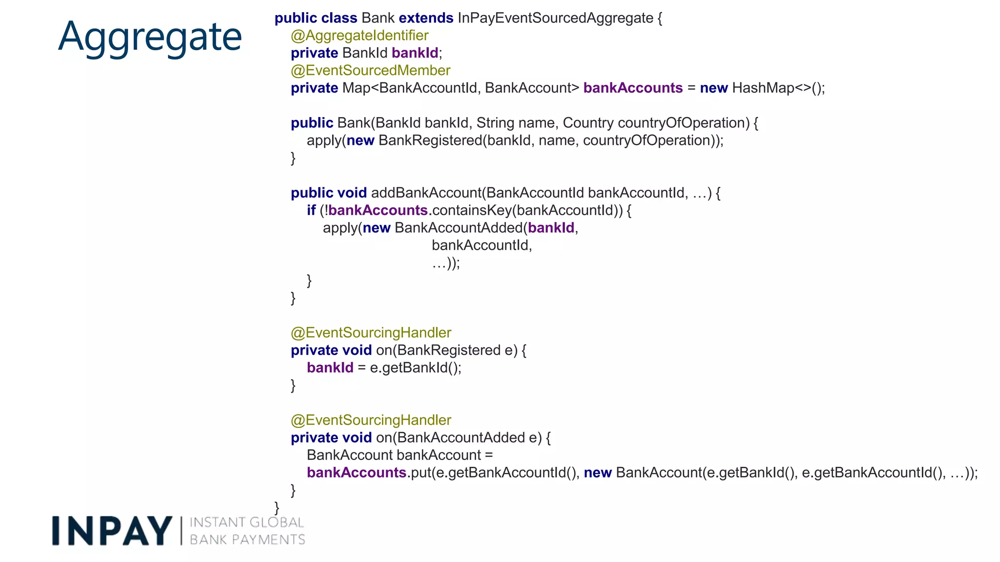 Aggregate
public class Bank extends InPayEventSourcedAggregate {
@AggregateIdentifier
private BankId bankId;
@EventSourcedMember
private Map<BankAccountId, BankAccount> bankAccounts = new HashMap<>();
public Bank(BankId bankId, String name, Country countryOfOperation) {
apply(new BankRegistered(bankId, name, countryOfOperation));
}
public void addBankAccount(BankAccountId bankAccountId, …) {
if (!bankAccounts.containsKey(bankAccountId)) {
apply(new BankAccountAdded(bankId,
bankAccountId,
…));
}
}
@EventSourcingHandler
private void on(BankRegistered e) {
bankId = e.getBankId();
}
@EventSourcingHandler
private void on(BankAccountAdded e) {
BankAccount bankAccount =
bankAccounts.put(e.getBankAccountId(), new BankAccount(e.getBankId(), e.getBankAccountId(), …));
}
}
 