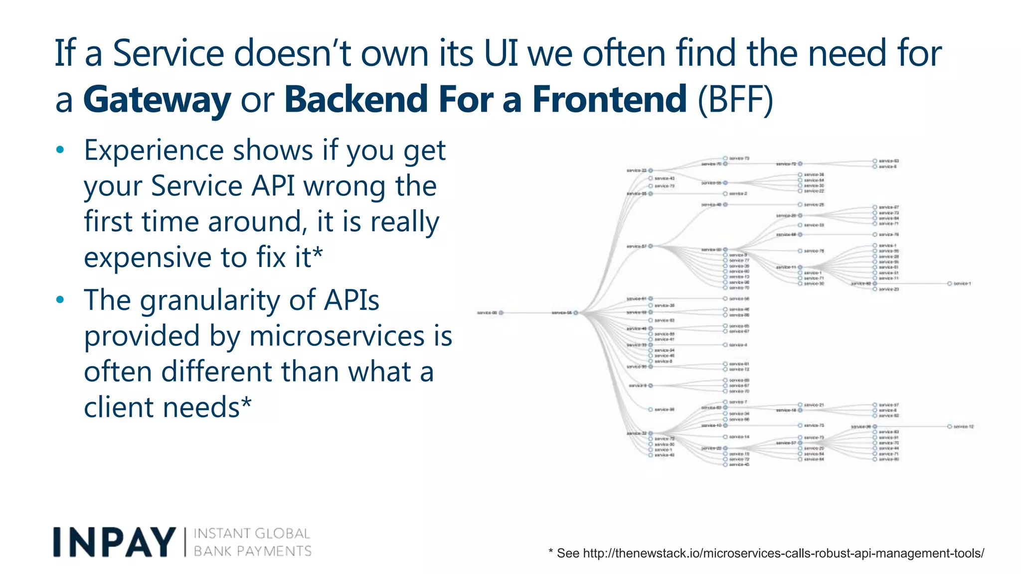 If a Service doesn’t own its UI we often find the need for
a Gateway or Backend For a Frontend (BFF)
• Experience shows if you get
your Service API wrong the
first time around, it is really
expensive to fix it*
• The granularity of APIs
provided by microservices is
often different than what a
client needs*
* See http://thenewstack.io/microservices-calls-robust-api-management-tools/
 