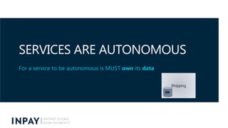 SERVICES ARE AUTONOMOUS
For a service to be autonomous is MUST own its data
Shipping
DB
 