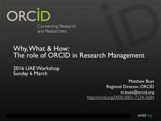 orcid.orgContact Info: p. +1-301-922-9062 a. 10411 Motor City Drive, Suite 750, Bethesda, MD 20817 USA
Why,What & How:
The role of ORCID in Research Management
2016 UAE Workshop
Sunday 6 March
Matthew Buys
Regional Director, ORCID
m.buys@orcid.org
http://orcid.org/0000-0001-7234-3684
 
