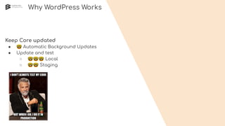 Why WordPress Works
Keep Core updated
● 🤓 Automatic Background Updates
● Update and test
○ 🤓🤓🤓 Local
○ 🤓🤓 Staging
 