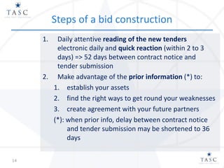 Steps of a bid construction
1. Daily attentive reading of the new tenders
electronic daily and quick reaction (within 2 to 3
days) => 52 days between contract notice and
tender submission
2. Make advantage of the prior information (*) to:
1. establish your assets
2. find the right ways to get round your weaknesses
3. create agreement with your future partners
(*): when prior info, delay between contract notice
and tender submission may be shortened to 36
days
14
 