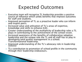 Executive team will recognise TL leadership provides a positive source of influence which yields benefits that improve outcomes for staff and students. Improved perception of TL as a proactive leader who can inform and inspire peers. Increased value and utilisation of TL’s areas of expertise, knowledge and skills to enhance ILSC. Greater understanding of the multiplicity of leadership roles a TL plays in contributing to the achievement of the school vision. Increased awareness of the benefits of collaborative/adaptive leadership and the unique role the TL and all staff has to play in developing total quality management in a school. Transformational leadership. Improved understanding of the TL’s advocacy role in leadership ????????? TLs contribution to promotion of school profile in the community through their leadership endeavours. 25/07/2010 1 Expected Outcomes 