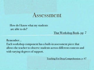 Assessment
      How do I know what my students 
       are able to do?
                                         That Workshop Book, pg. 7

Remember...
Each workshop component has a built-in assessment piece that
allows the teacher to observe students across different contexts and
with varying degrees of support.

                                   Teaching For Deep Comprehension, p. 67
 