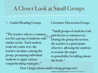 A Closer Look at Small Groups

   Guided Reading Groups            Literature Discussion Groups

                                    "Small groups of students read
"The teacher selects a common       and discuss a common text.
                                 Text
text for a group of students with During the group discussion,
similar needs.  Each student        the teacher is a participant-
reads the entire text; the          observer, allowing the students
teacher circulates among the        to assume the major
group, prompting individual         responsibility for talking about
students to apply various           the book."
comprehending strategies." 
             Don't forget about small writing groups too!
                                    Teaching For Deep Comprehension by Linda Dorn & Carla Soffos, p. 67
 