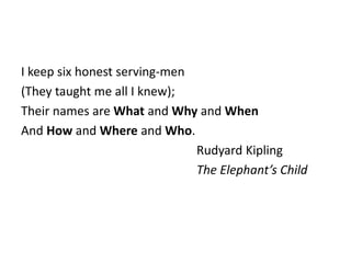 I keep six honest serving-men
(They taught me all I knew);
Their names are What and Why and When
And How and Where and Who.
Rudyard Kipling
The Elephant’s Child
 
