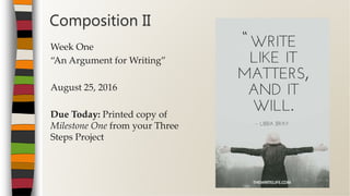 Week One
“An Argument for Writing”
August 25, 2016
Due Today: Printed copy of
Milestone One from your Three
Steps Project
Composition II
 