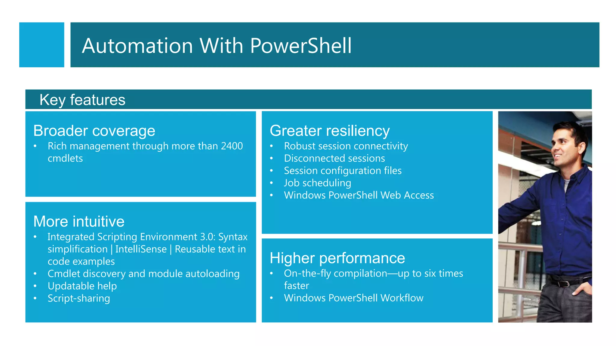 Key features
Broader coverage
• Rich management through more than 2400
cmdlets
Greater resiliency
• Robust session connectivity
• Disconnected sessions
• Session configuration files
• Job scheduling
• Windows PowerShell Web Access
More intuitive
• Integrated Scripting Environment 3.0: Syntax
simplification | IntelliSense | Reusable text in
code examples
• Cmdlet discovery and module autoloading
• Updatable help
• Script-sharing
Higher performance
• On-the-fly compilation—up to six times
faster
• Windows PowerShell Workflow
Automation With PowerShell
 