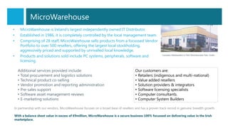 • MicroWarehouse is Ireland’s largest independently owned IT Distributor.
• Established in 1986, it is completely controlled by the local management team.
• Comprising of 28 staff, MicroWarehouse sells products from a focussed Vendor
Portfolio to over 500 resellers, offering the largest local stockholding,
aggressively priced and supported by unrivalled local knowledge.
• Products and solutions sold include PC systems, peripherals, software and
licensing.
Company Headquarters in Park West Business Park, Dublin
Additional services provided include:
• Total procurement and logistics solutions
• Technical product co-selling
• Vendor promotion and reporting administration
• Pre-sales support
• Software asset management reviews
• E-marketing solutions
Our customers are:
• Retailers (indigenous and multi-national)
• Value added resellers
• Solution providers & integrators
• Software licensing specialists
• Computer consultants.
• Computer System Builders
In partnership with our vendors, MicroWarehouse focuses on a broad base of resellers and has a proven track record in genuine breadth growth.
With a balance sheet value in excess of €9million, MicroWarehouse is a secure business 100% focussed on delivering value in the Irish
marketplace.
MicroWarehouse
 
