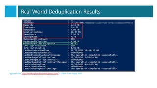 Real World Deduplication Results
Figures from http://workinghardinit.wordpress.com/ - Didier Van Hoye, MVP
 