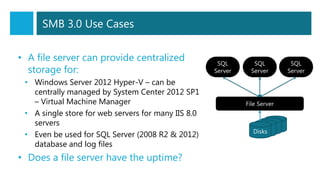 SMB 3.0 Use Cases
• A file server can provide centralized
storage for:
• Windows Server 2012 Hyper-V – can be
centrally managed by System Center 2012 SP1
– Virtual Machine Manager
• A single store for web servers for many IIS 8.0
servers
• Even be used for SQL Server (2008 R2 & 2012)
database and log files
• Does a file server have the uptime?
 
