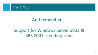 And remember …
Support for Windows Server 2003 &
SBS 2003 is ending soon
63
Thank You!
 