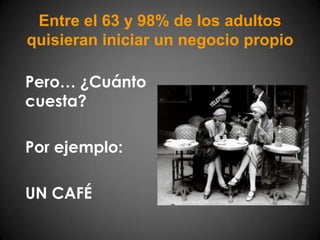 Entre el 63 y 98% de los adultos quisieran iniciar un negocio propioPero… ¿Cuánto cuesta?Por ejemplo: 	UN CAFÉ