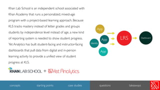 Khan Lab School is an independent school associated with
Khan Academy that runs a personalized, mixed-age
program with a project-based learning approach. Because
KLS tracks mastery instead of letter grades and groups
students by independence level instead of age, a new kind
of reporting system is needed to show student progress.
Yet Analytics has built student-facing and instructor-facing
dashboards that pull data from digital and in-person
learning activity to provide a unified view of student
progress at KLS.
+
21
concepts starting points case studies questions takeaways
 