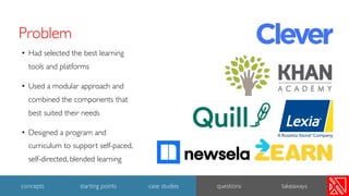 Problem
• Had selected the best learning
tools and platforms
• Used a modular approach and
combined the components that
best suited their needs
• Designed a program and
curriculum to support self-paced,
self-directed, blended learning
22
concepts starting points case studies questions takeaways
 