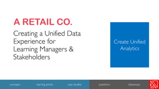 Creating a Unified Data
Experience for
Learning Managers &
Stakeholders
A RETAIL CO.
28
concepts starting points case studies questions takeaways
Create Unified
Analytics
 