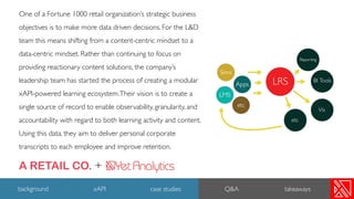 One of a Fortune 1000 retail organization’s strategic business
objectives is to make more data driven decisions. For the L&D
team this means shifting from a content-centric mindset to a
data-centric mindset. Rather than continuing to focus on
providing reactionary content solutions, the company’s
leadership team has started the process of creating a modular
xAPI-powered learning ecosystem.Their vision is to create a
single source of record to enable observability, granularity, and
accountability with regard to both learning activity and content.
Using this data, they aim to deliver personal corporate
transcripts to each employee and improve retention.
+A RETAIL CO.
29
background xAPI case studies Q&A takeaways
 