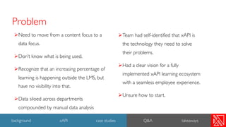 Problem
ØNeed to move from a content focus to a
data focus.
ØDon’t know what is being used.
ØRecognize that an increasing percentage of
learning is happening outside the LMS, but
have no visibility into that.
ØData siloed across departments
compounded by manual data analysis
30
background xAPI case studies Q&A takeaways
ØTeam had self-identified that xAPI is
the technology they need to solve
their problems.
ØHad a clear vision for a fully
implemented xAPI learning ecosystem
with a seamless employee experience.
ØUnsure how to start.
 