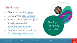 ● Check out the live demo
● Get your free LRS Sandbox
● Want to discuss your project?
Send us an email at
hello@yetanalytics.com
● Plan your next steps with this
Data Strategy Workbook
52
background xAPI case studies Q&A takeaways
Thank you!
Thank you
for joining
us today!
 